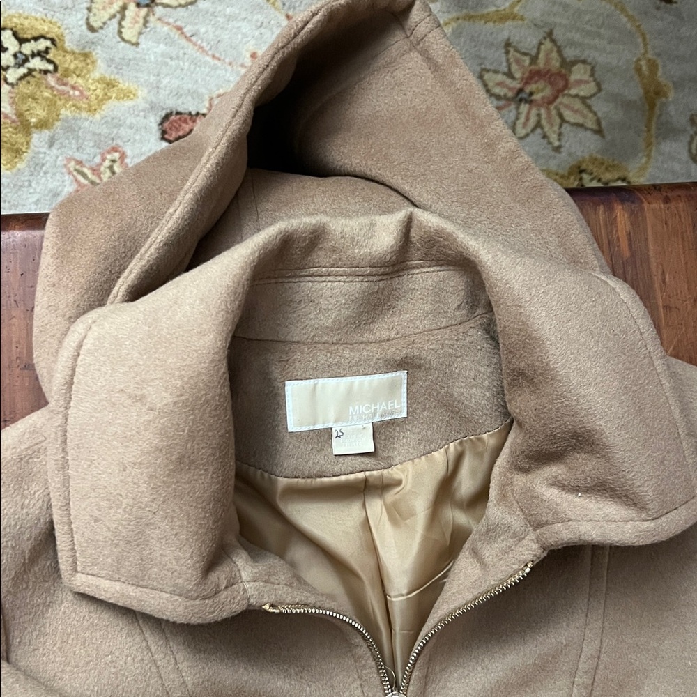 Michael Kors Wool Women's Hooded-Stand Collar Zip-Front Coat Camel Brown Size L - Picture 3 of 13
